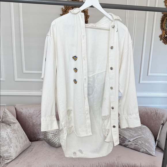 EYE SEE YOU HANDMADE HAND PAINTED JEANS JACKET White MADE IN GREECE - Picture 11 of 17